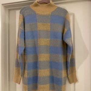 Forever 21 Fuzzy camel/blue checkered sweater dress